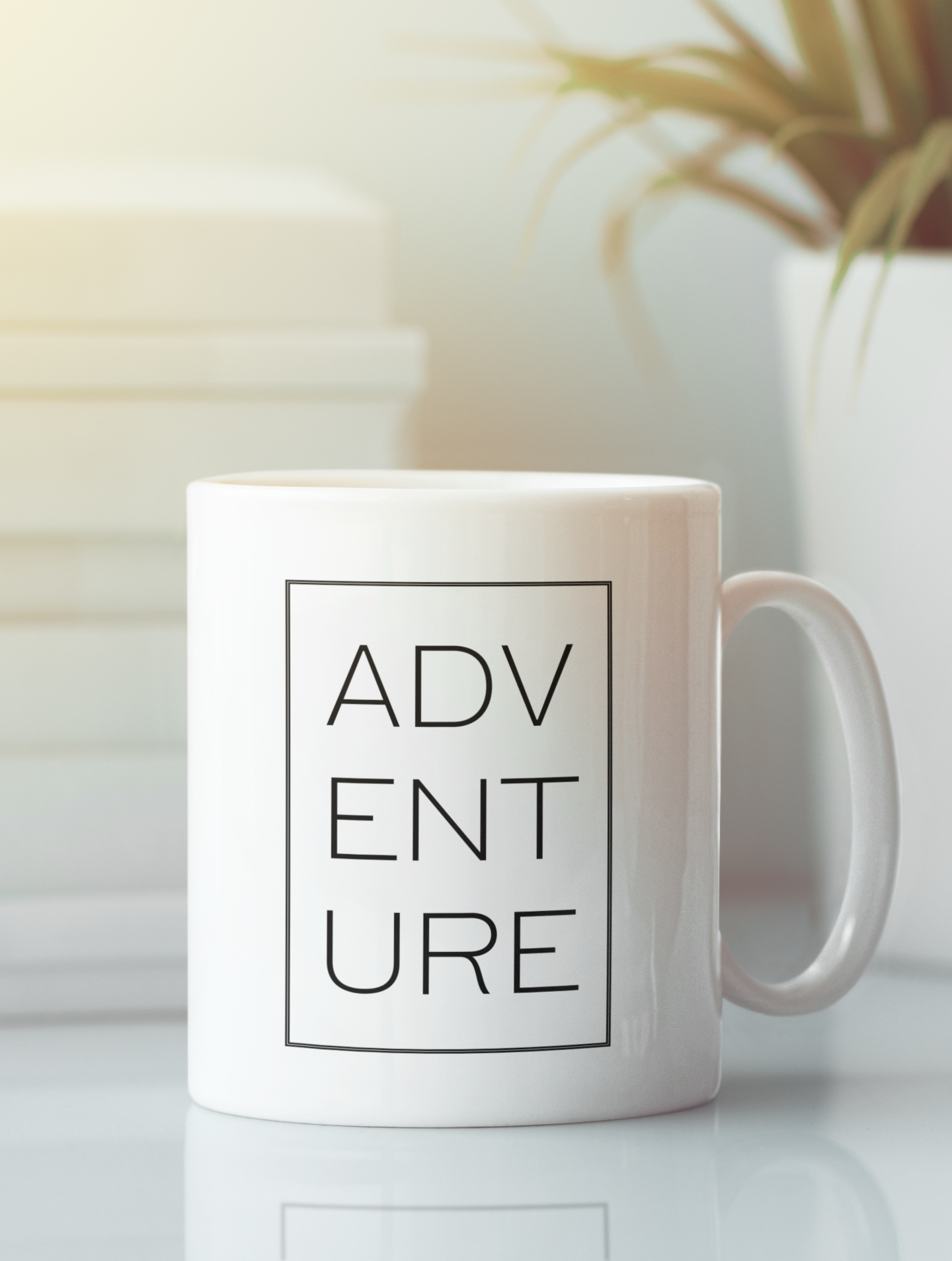White coffee mug on a table.