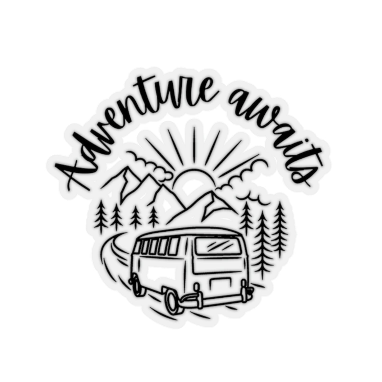 Kiss cut sticker with text "adventure awaits" and a line drawing of a campervan on a translarent background.