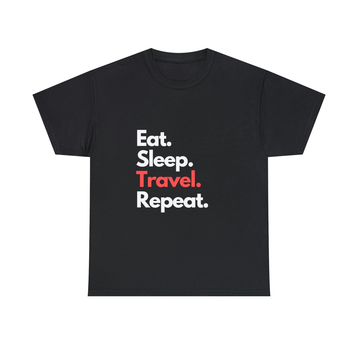 Black graphic T-shirt with print "eat sleep travel repeat".