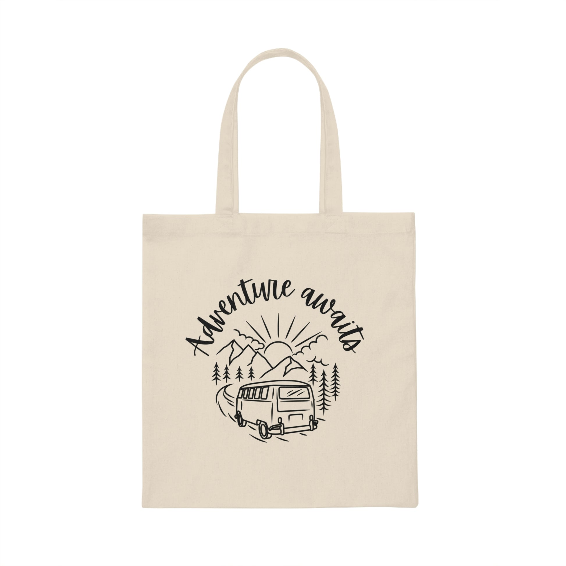 Canvas tote bag with a line drawing of a campervan and words "adventure awaits"